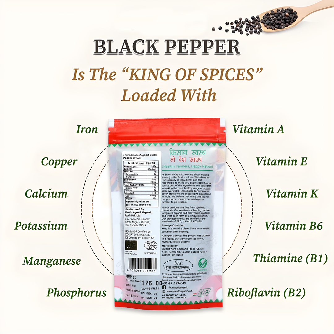 Elworld Agro & Organic Food Black Pepper (Kali Mirch), 100g