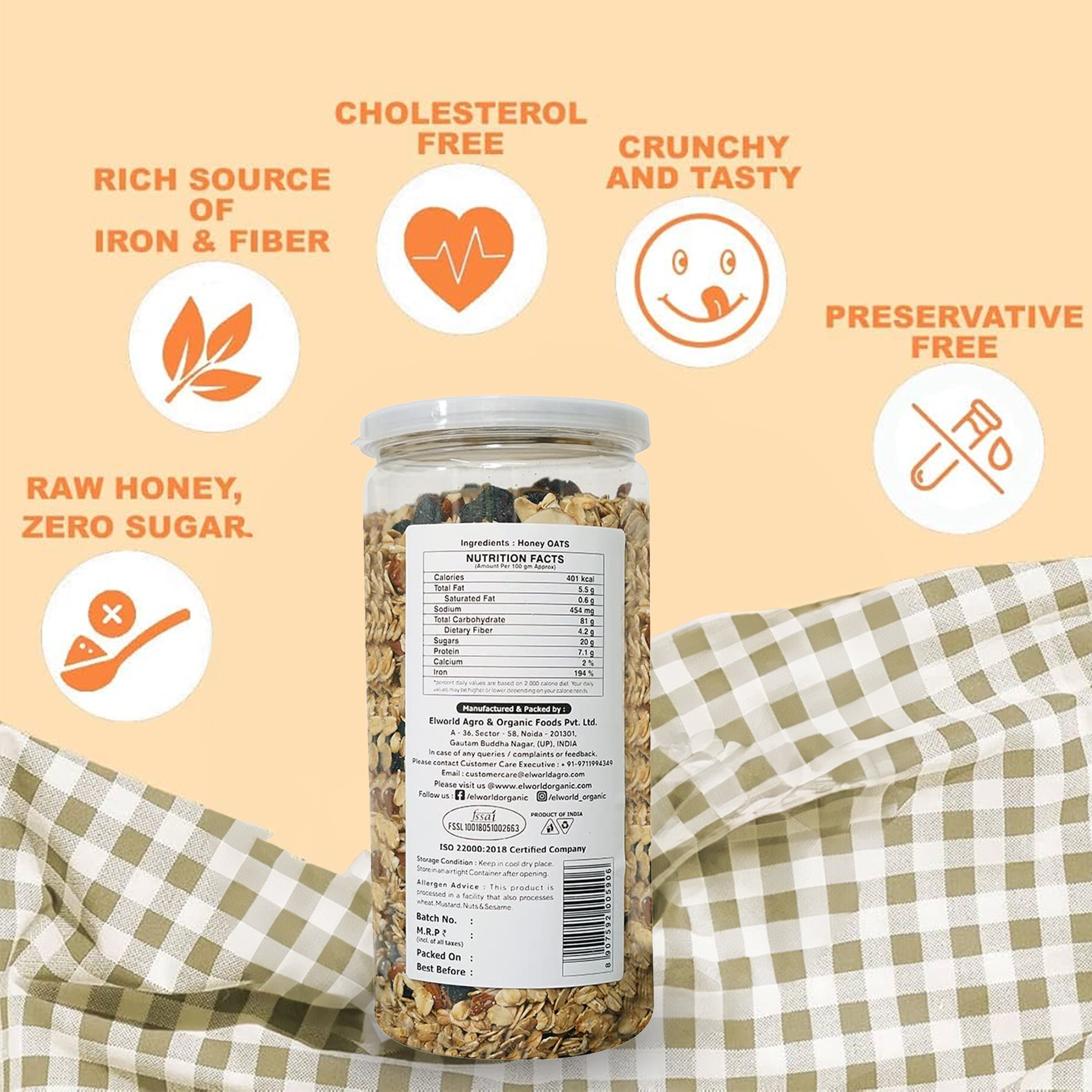 Elworld Agro & Organic Food Products Honey Oats 500 g