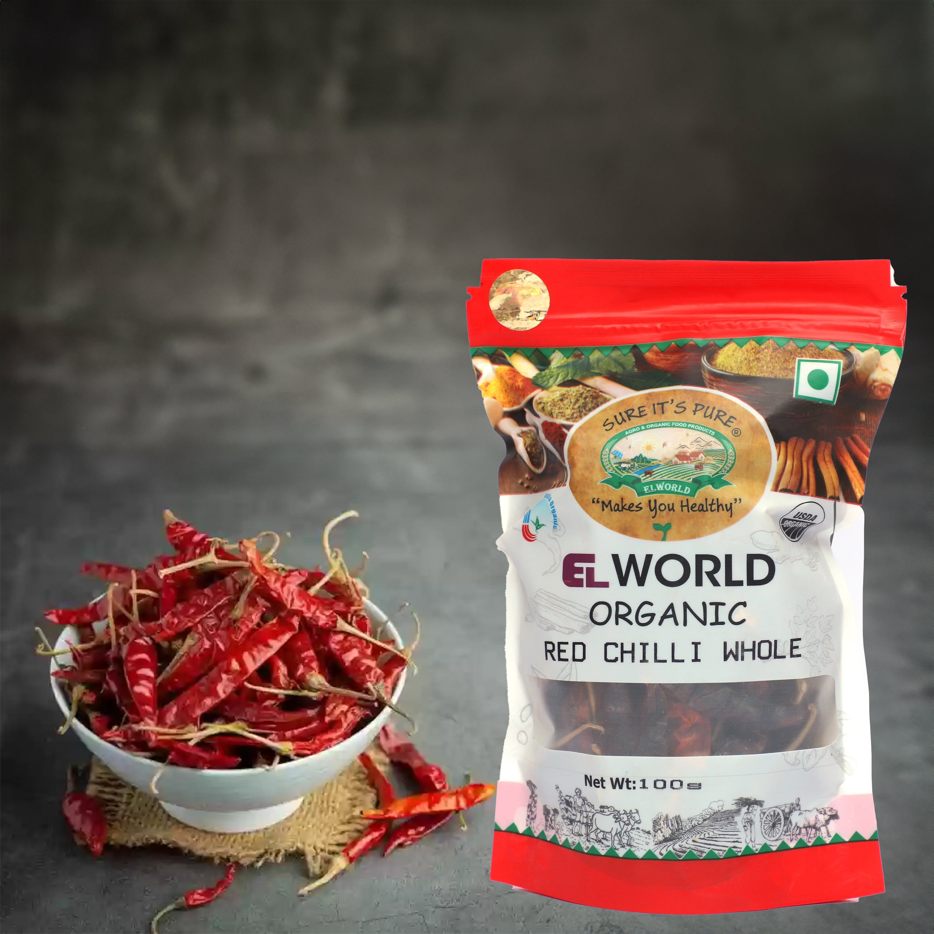 Elworld Agro & Organic Food Products Red Chilli (Lal Mirch) Whole - 100 g