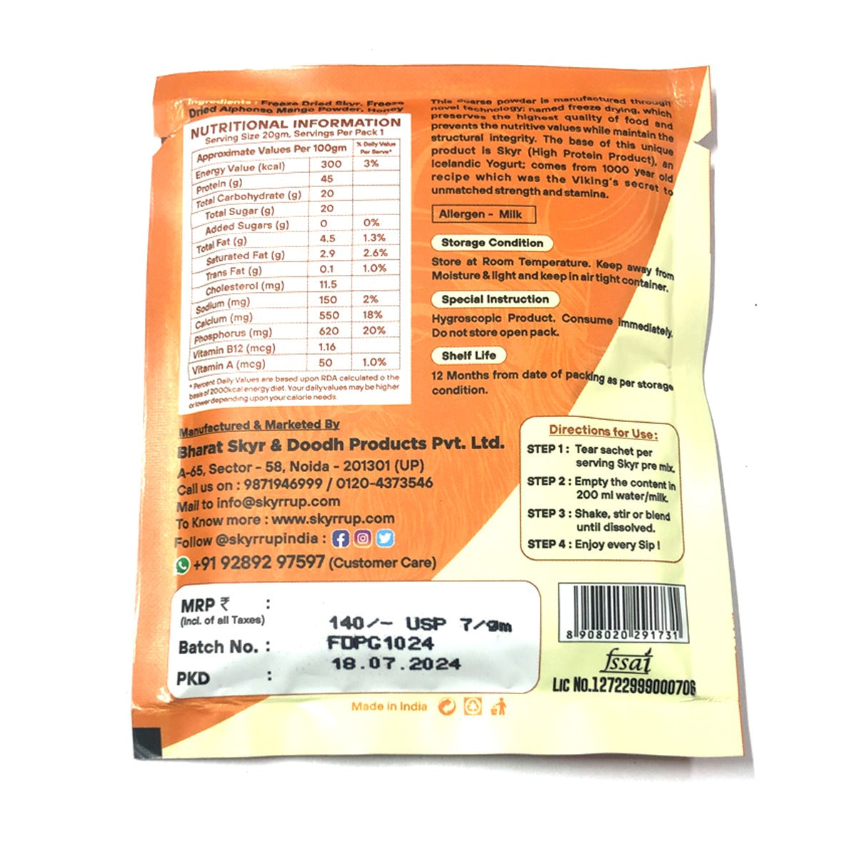 Skyr - Pre Mix Alphonso Mango (Made From A2 Milk) – No Added Sugar, 9gm Protein in 20g pack, Zero Preservatives & Lactose Free – Skyrrup - Pack of 3 - 20gm