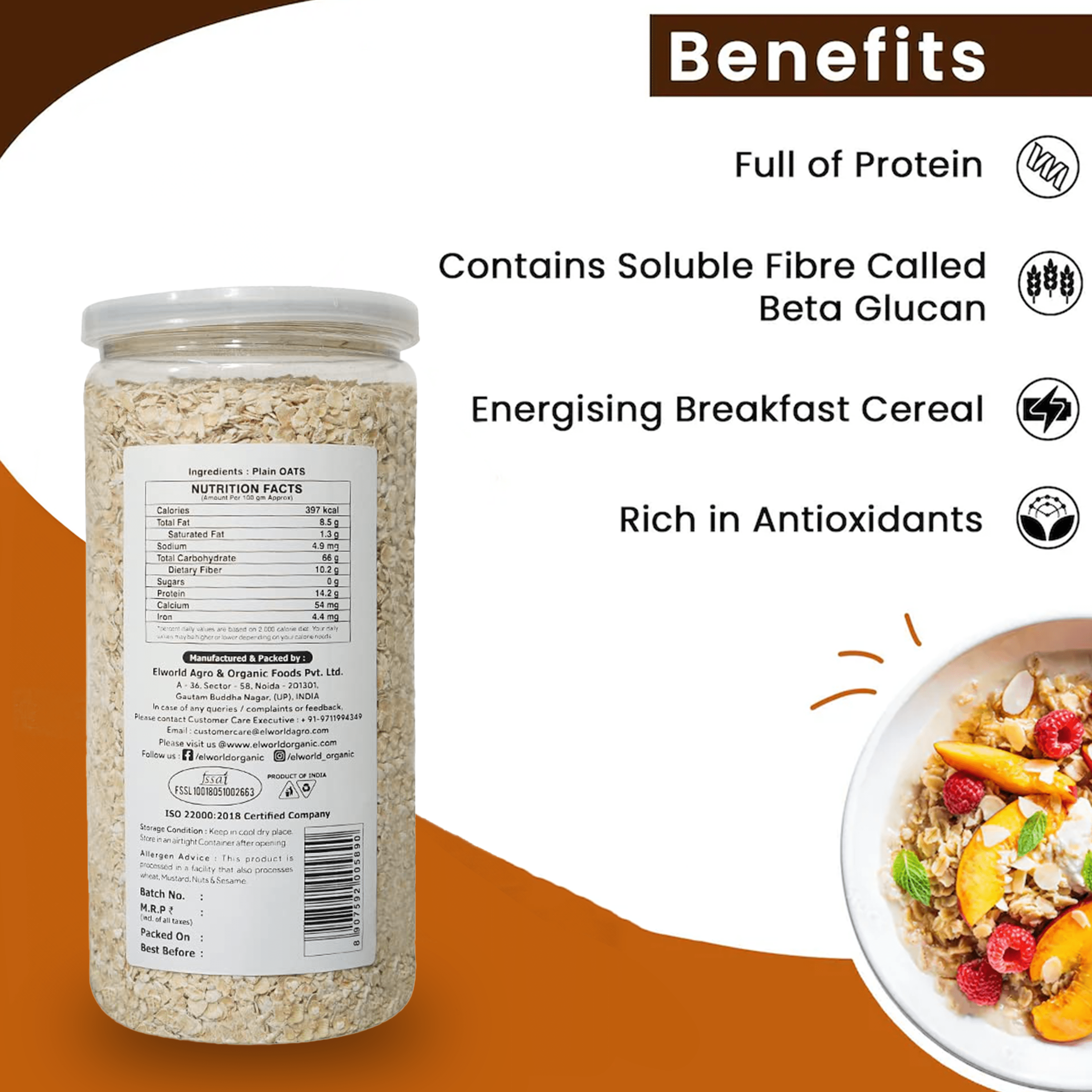 Elworld Agro & Organic Food Products Plain Oats 500 g - Elworld Organic