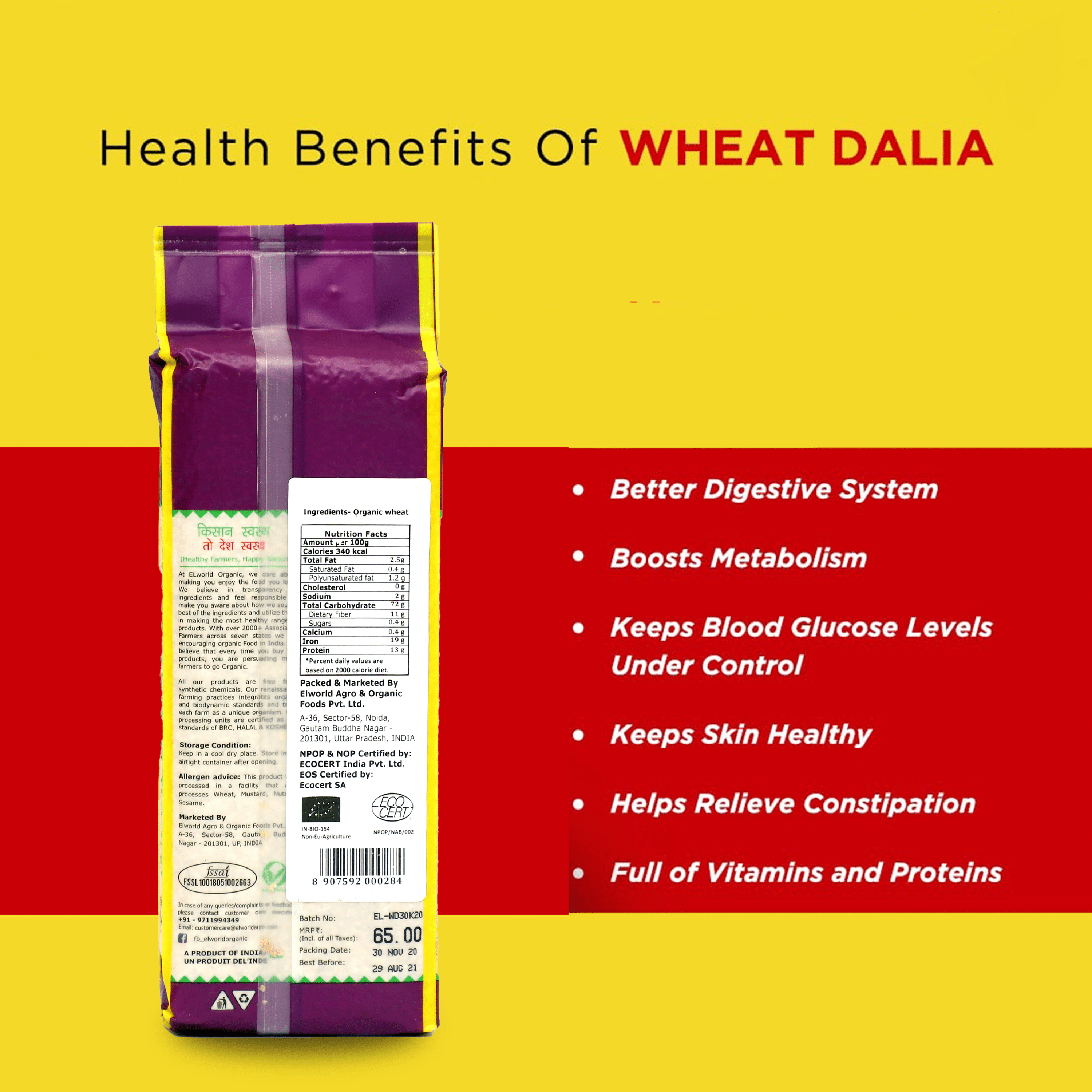 Elworld Agro & Organic Food Products Wheat Dalia 500 g - Elworld Organic