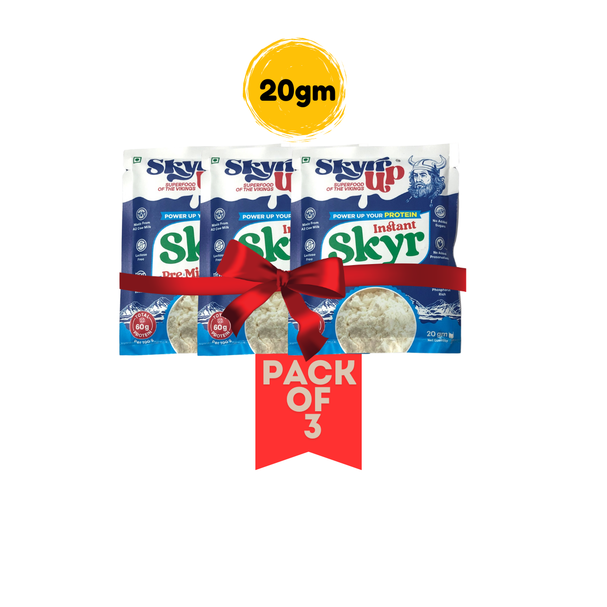 Skyr- Pre Mix Original (Made From A2 Milk) No Added Sugar, 12gm Protein in 20g pack, Zero Preservatives & Lactose Free – Skyrrup - pack of 3 - 20gm