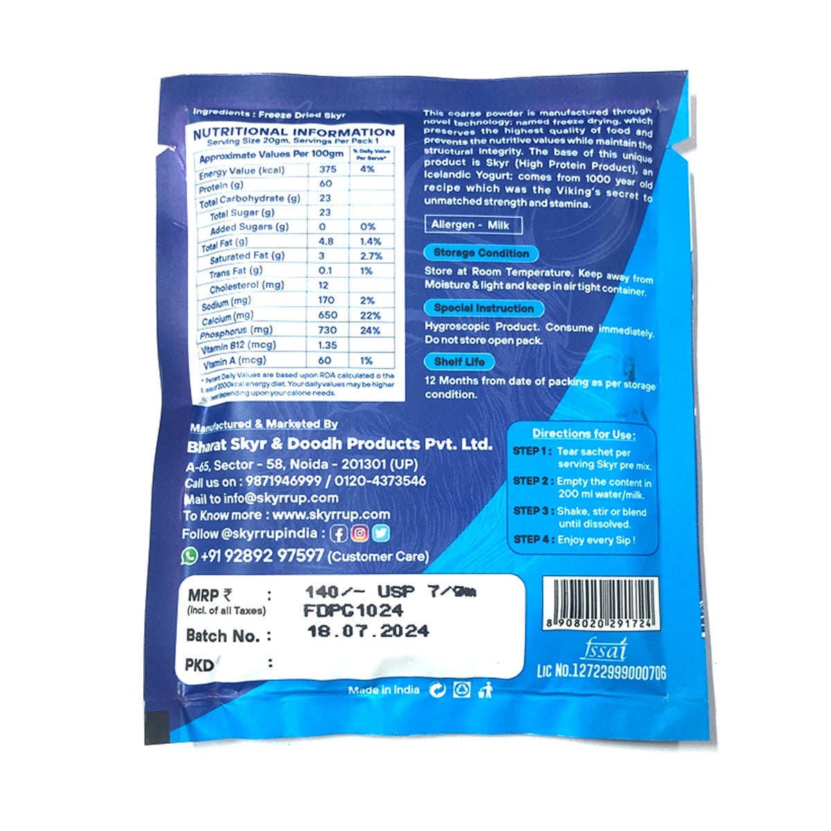 Skyr- Pre Mix Original (Made From A2 Milk) No Added Sugar, 12gm Protein in 20g pack, Zero Preservatives & Lactose Free – Skyrrup - pack of 3 - 20gm