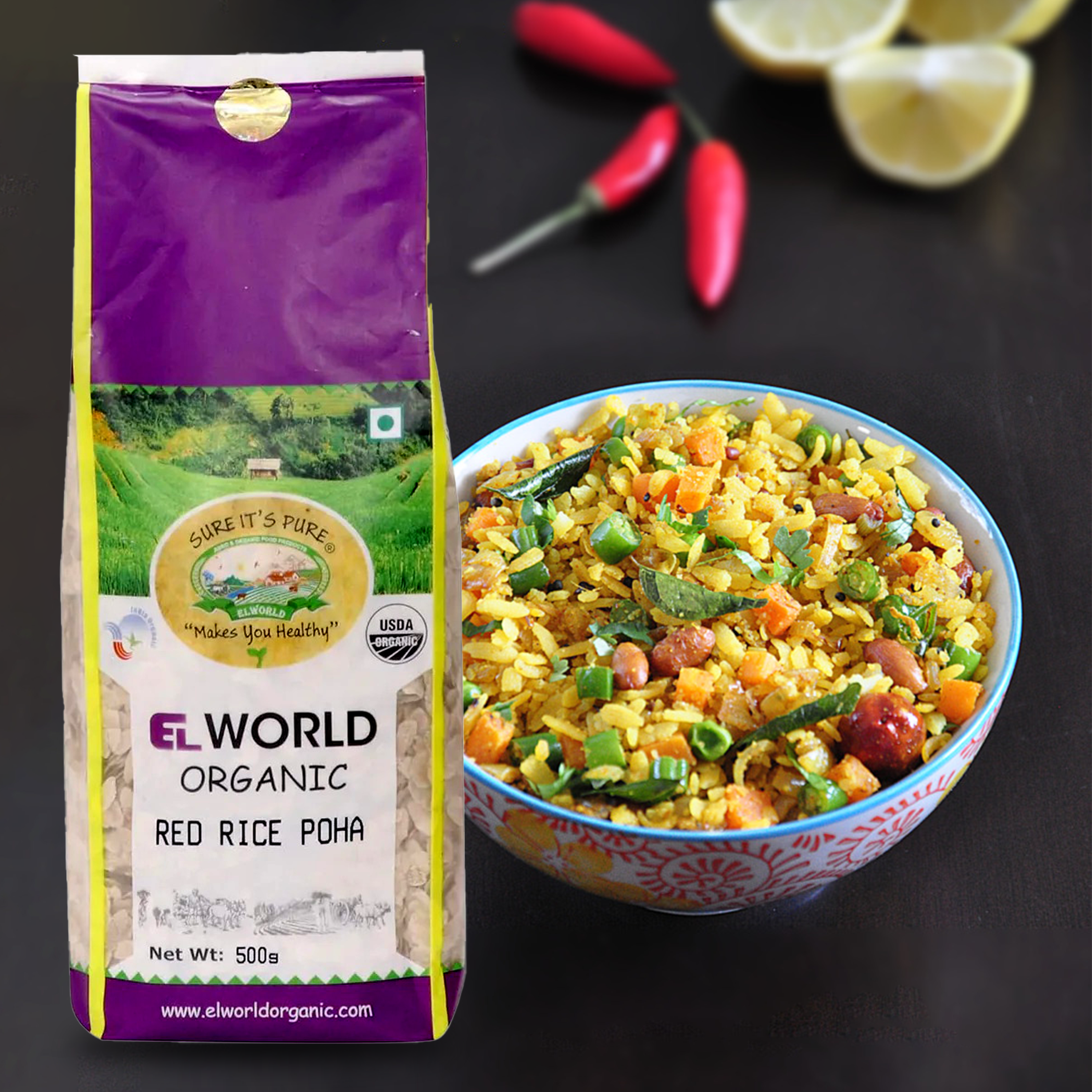 Elworld Agro & Organic Food Products Red Rice Poha 500 g - Elworld Organic