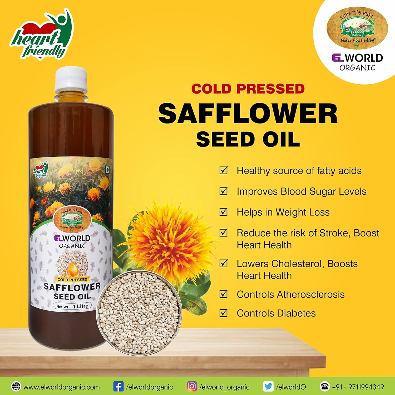 Elworld Agro & Organic Food Products Safflower Seed Oil 1 ltr - Elworld Organic