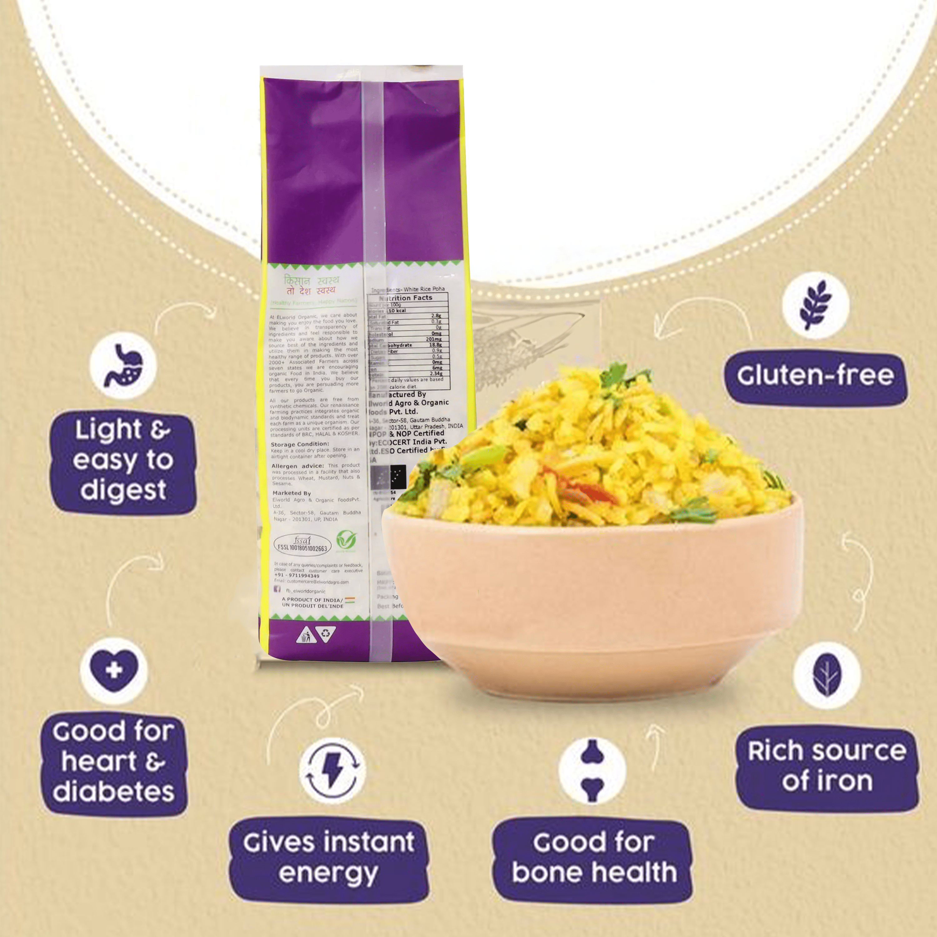 Elworld Agro & Organic Food Products White Rice Poha 500 g - Elworld Organic