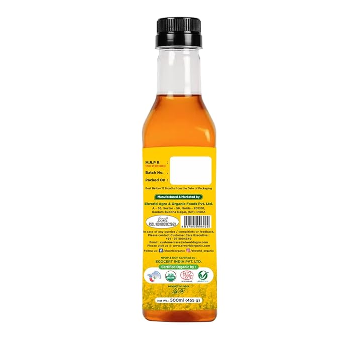ELworld Agro & Organic Foods Wood Pressed Virgin Yellow Mustard Oil 500 ml - Elworld Organic