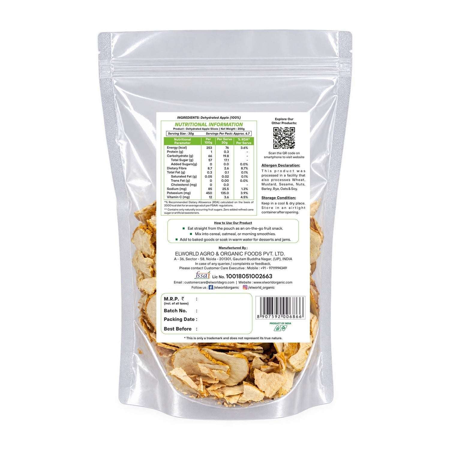 ELWORLD Geothermally Dried Kinnaur Apple Slices – 200 g - Elworld Organic