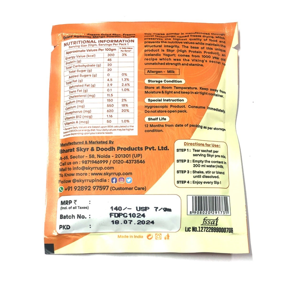 Skyr - Pre Mix Alphonso Mango (Made From A2 Milk) – No Added Sugar, 9gm Protein in 20g pack, Zero Preservatives & Lactose Free – Skyrrup - Pack of 3 - 20gm - Elworld Organic