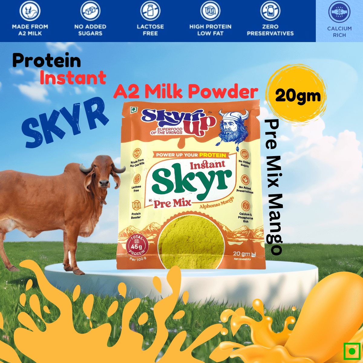 Skyr - Pre Mix Alphonso Mango (Made From A2 Milk) – No Added Sugar, 9gm Protein in 20g pack, Zero Preservatives & Lactose Free – Skyrrup - Pack of 3 - 20gm - Elworld Organic