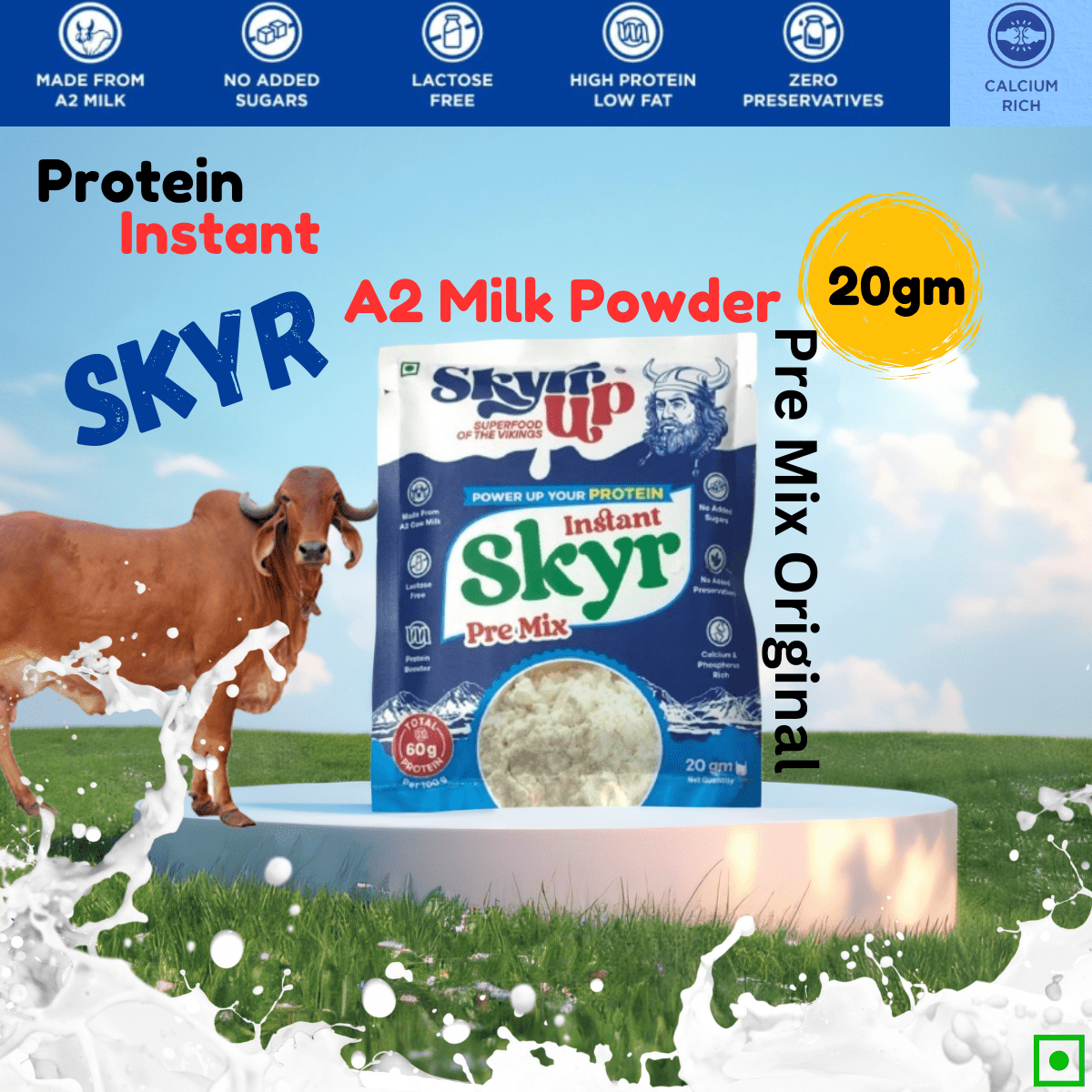 Skyr - Pre Mix Original (Made From A2 Milk) No Added Sugar, 12gm Protein in 20g pack, Zero Preservatives & Lactose Free – Skyrrup - pack of 3 - 20gm - Elworld Organic